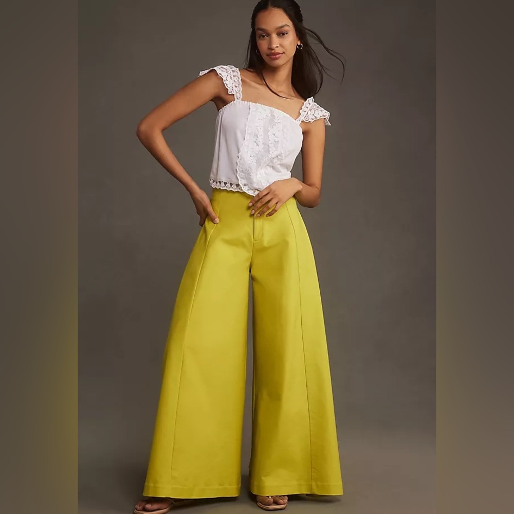 ANTHROPOLOGIE neon green wide legged pants, Size 0 ( fits best size 0-4 ) NWT - Picture 2 of 9